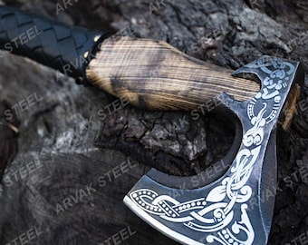 Personalized Viking Hatchet – Custom Engraved Axe for Groomsmen Gift Nordic Style Hand Forged Axe Decorative Steel Hatchet with Leather Grip