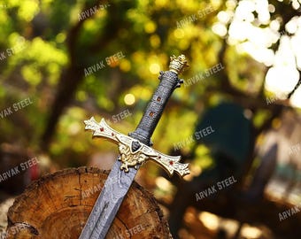 Handgefertigtes König Arthur Excalibur Schwert, Crown Head Merlin Schwert mit Lederscheide