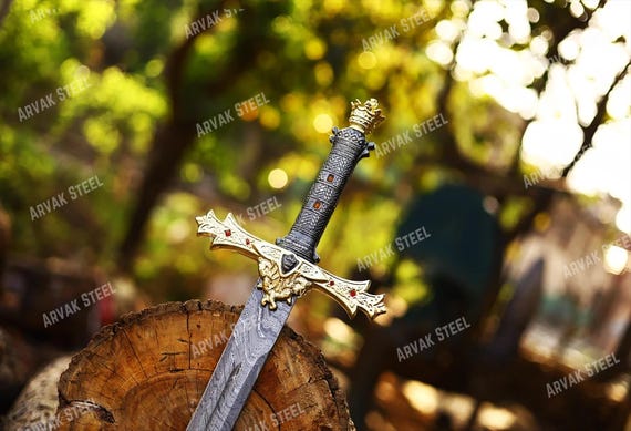 Handmade King Arthur Excalibur sword , Crown Head Merlin sword with Leather Sheath