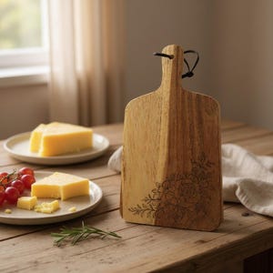 Hand-Burned Floral Acacia Paddle Board – Rustic Pyrography Serving Board