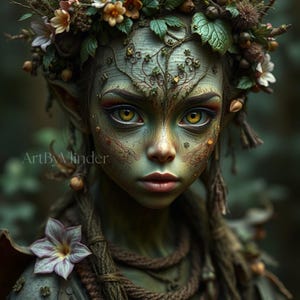 Mystical Forest Spirit Wall Art – Green Nature Goddess Portrait – Fantasy Printable Art by ArtByVlinder