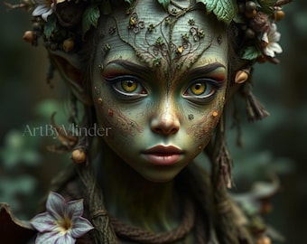Arte mural de espíritus místicos del bosque: retrato de una diosa de la naturaleza verde. Arte imprimible de fantasía de ArtByVlinder.