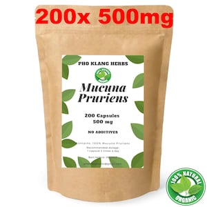 200 Mucuna Pruriens Capsules 100% Organic Natural from Thailand L-Dopa Velvet Bean