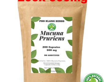 200 kapsułek Mucuna Pruriens 100% organiczne naturalne z Tajlandii L-Dopa Velvet Bean
