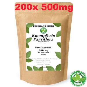 May include: A brown paper bag with the text "200x 500mg" in red at the top. The bag features a label with the text "Kaempferia Parviflora" and "200 Capsules 500 mg". The label also includes the words "No Additives" and "Vegan".