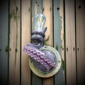 Steampunk Tentacle Lamp – Whimsical Copper & Purple Accent Light | Unique Art Gift | Nautical Octopus Decor for wall