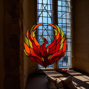 Stained Glass Phoenix Suncatcher – Flame Firebird Window Hanging, Symbol of Rebirth & Restoration – Handmade Gift for Light Lovers