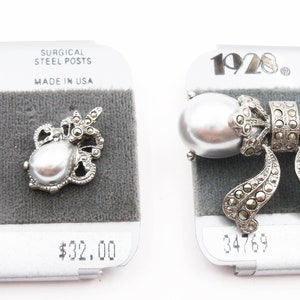1928 Company brooch earring set, pearls and marcasites image 1
