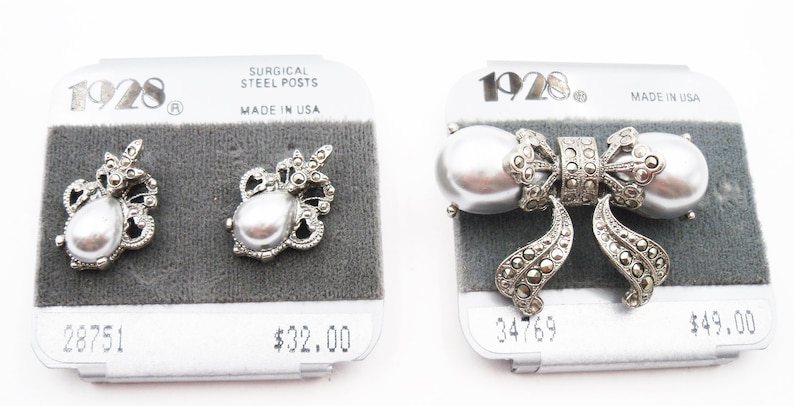 1928 Company brooch earring set, pearls and marcasites image 1