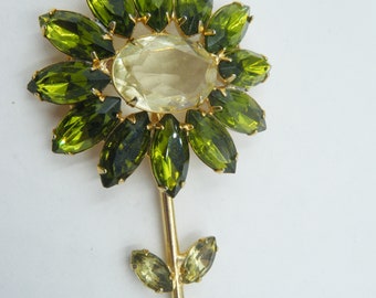 Green rhinestone flower statement brooch