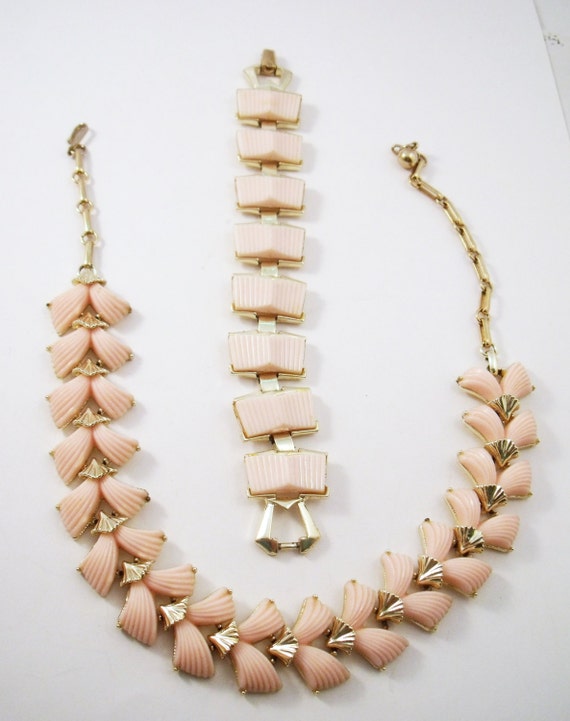 Coro Salmon pink plastic tile necklace and bracele