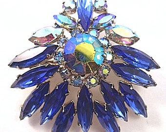 Sapphire blue rhinestone brooch with AB accents