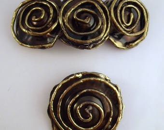 Copper Craft Modenist Brutalist spiral brooch and hair clip set in brass