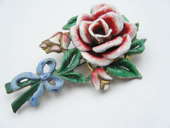 Circa 1940 enamel painted rose brooch