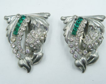 Dress clip pair, leafy silver tone dress clips with green stones