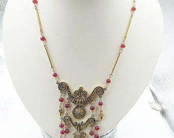 Victorian revival style bib necklace with garnet colour beas