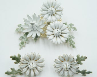 Lacy white flower brooch and clip earring set, circa 1970 enamel flower brooch