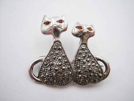 Sassy cats pin, marcasite and sterling silver cats brooch