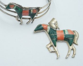 Sterling silver inlaid horse pendant and cuff bracelet opal and malachite