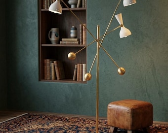 Mid Century Modern Brass Floor Lamp, 3 Light Adjustable Reading Lamp, Atomic Sputnik Standing Lamp, Cone Shades, Retro Living Room Lighting