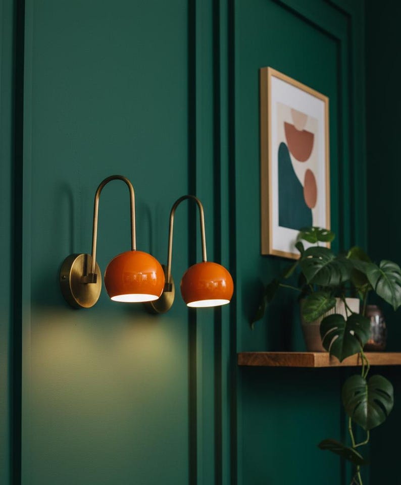 Mid-Century Modern Brass Wall Sconces Handmade Retro Lighting with Orange Accent Shades, Vintage Style Wall Lamps for Living Room or Bedroom