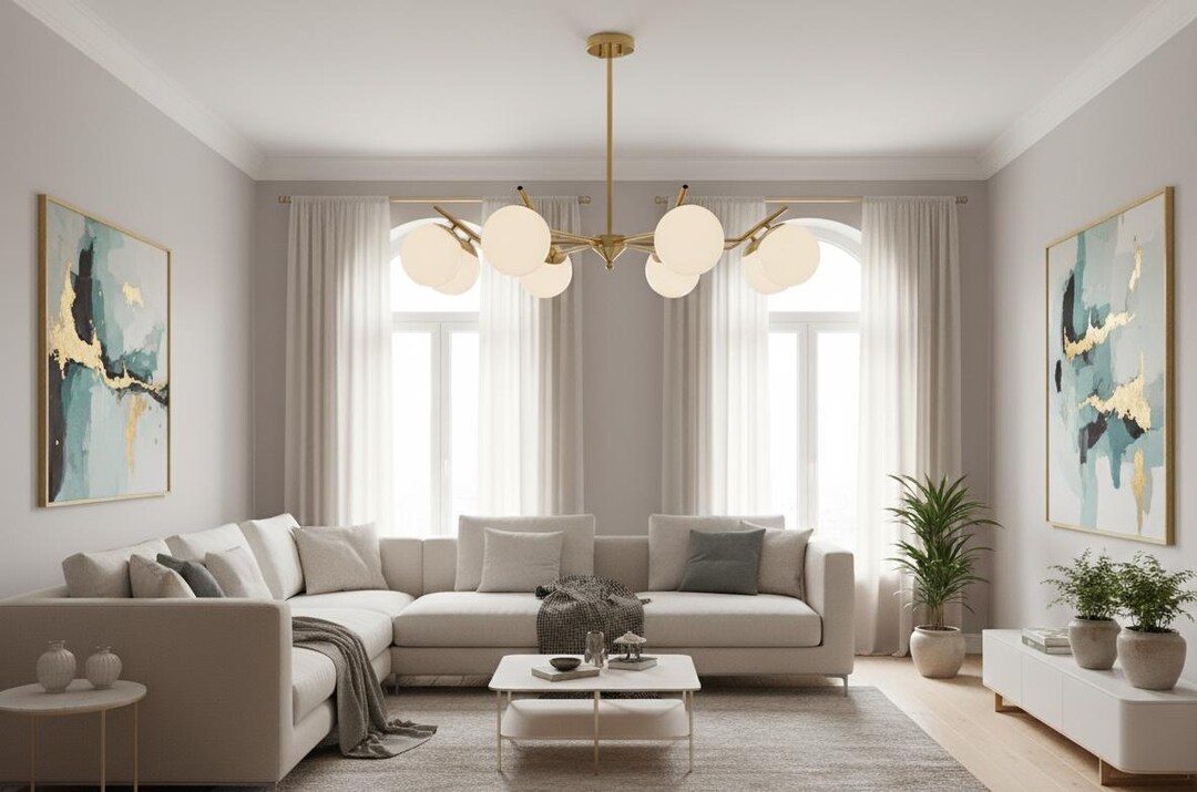 Modern Sputnik Chandelier With White Globe Lights Mid Century Modern ...