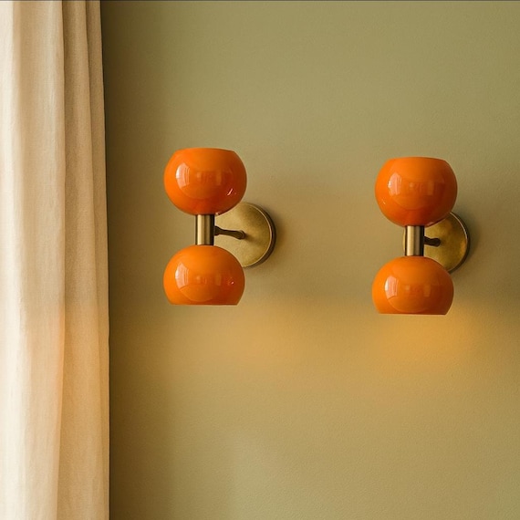 Mid Century Modern Orange Glass Globe Wall Sconce Vintage Brass Double Globe Light Fixture Retro Wall Lamp for Kitchen, Living Room, Bedroom