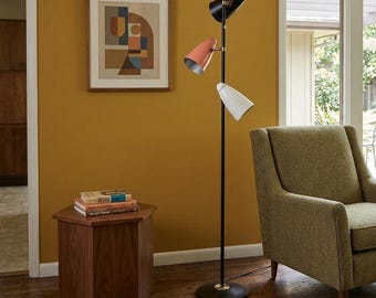 Mid-Century Modern 3-Head Floor Lamp | Adjustable Reading Lamp | Retro Atomic Style Standing Lamp | Colorful Cone Shades