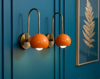 Mid-Century Modern Brass Wall Sconces Handmade Retro Lighting with Orange Accent Shades, Vintage Style Wall Lamps for Living Room or Bedroom