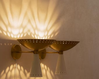 Mid Century Modern Wall Sconce Light Brass Double Cone Lamp with Perforated Shades Vintage Inspired Ambient Lighting Retro Wall Fixture
