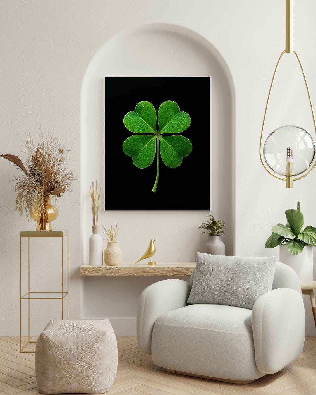 Lucky Four-leaf Clover Print: Black Background, Good Fortune