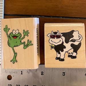 Vintage Inkadinkado &quot;Say Hi Frog&quot; 1122 and Rubber Stampede &quot;Cow&quot; 736C Wood Mounted Rubber Stamps