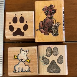 Set of Vintage Assorted Dog and Paw Print Wood Mounted Rubber Stamps