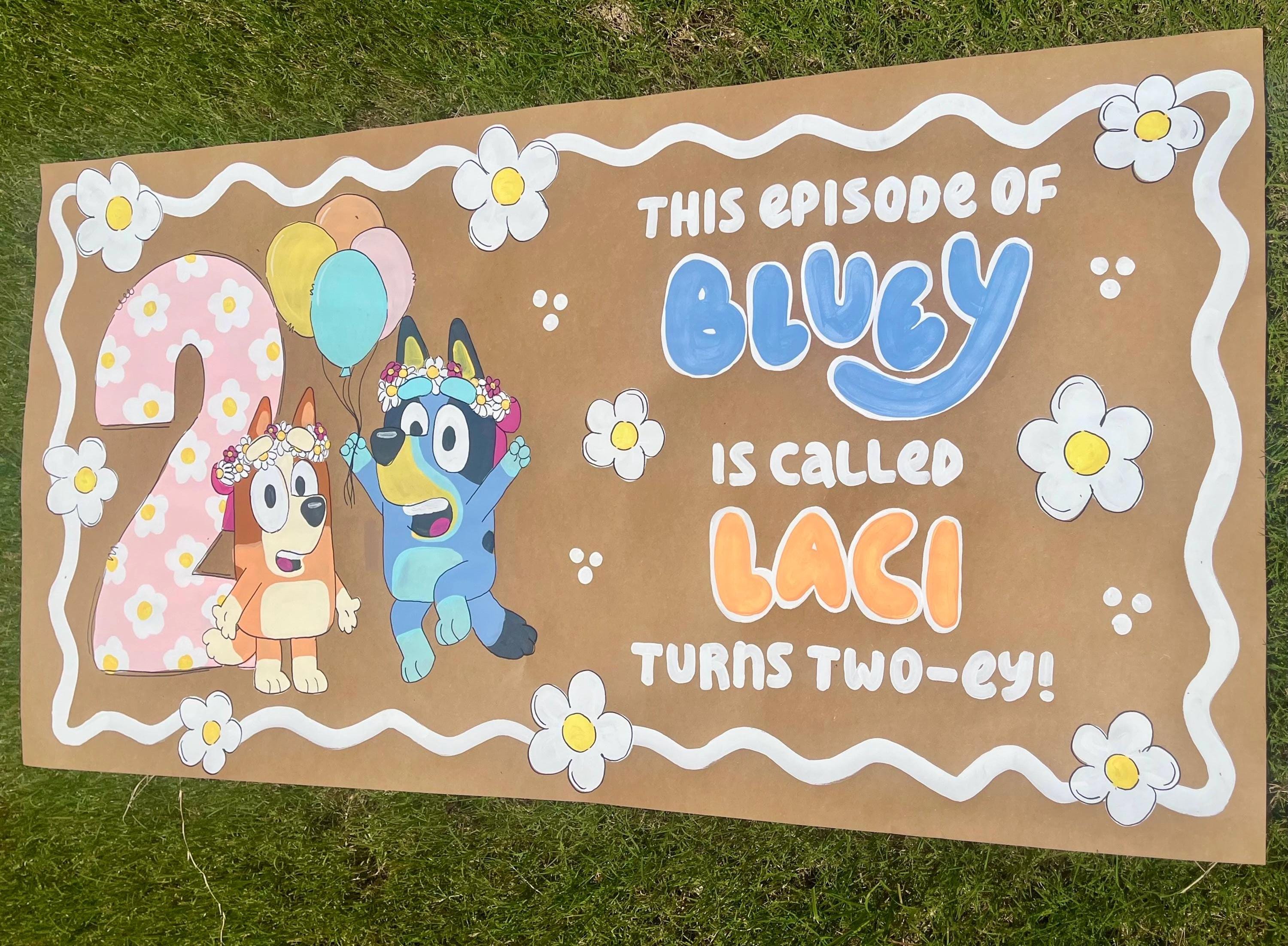 Hand Painted Kraft Paper Birthday Banner: Blue Pup & Pink Floral