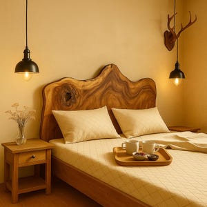 Natural Live Egde Wooden Slab Headboard - Unique Rustic Bed Back Panel, Organic Shape, Handmade Queen/King Bed Backboard, Solid Wood Slab