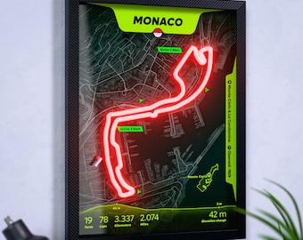 Monaco LED Neon Racetrack Map, Formula 1 Wall Art. Kimi Antonelli - Winner 2026. Lewis Hamilton - Fastest lap. Ayrton Senna - Most wins.