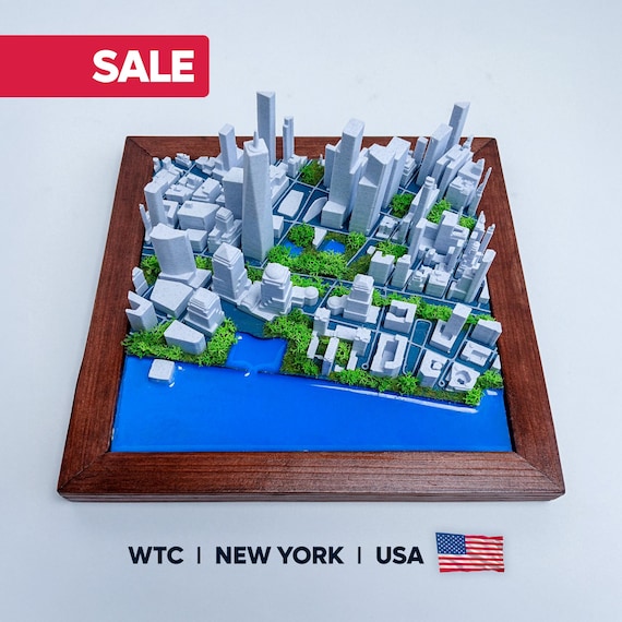 3D New York City, World Trade Center Map: Wood Framed Miniature