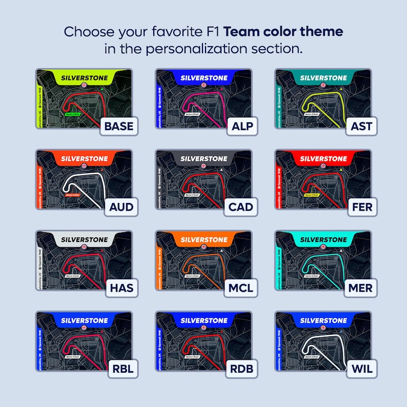 Monaco LED Neon Racetrack Map with 12 Formula 1 team-inspired color themes. Personalize your LED wall art by selecting your favorite team color scheme, including Ferrari, McLaren, Mercedes, Red Bull, Aston Martin, Alpine, Williams, Haas, RB, Cadillac, Audi, or the original design.