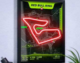 Red Bull Ring Neonplakat, Großer Preis von Österreich, Spielberg F1-Streckenkarte. Norris – Sieger 2025. Piastri – Schnellste Runde. Verstappen – Die meisten Siege.