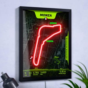 F1 Monza Poster Track Neon, Formula One Gifts, Racing Wall Decor. Max Verstappen winner 2025. Lando Norris fastest lap. Hamilton most wins.