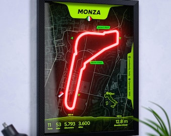 F1 Monza Poster Track Neon, Formula One Gifts, Racing Wall Decor. Max Verstappen winner 2025. Lando Norris fastest lap. Hamilton most wins.
