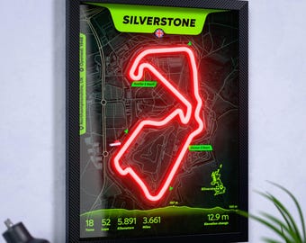 Silverstone LED Neon Rennstrecke Map, Formel 1 Wandkunst.  Charles Leclerc Sieger 2026. Max Verstappen - Schnellste Runde. Kilimando - Die meisten Siege.