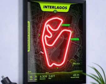 Interlagos F1 Poster - Formel 1 Neon Wandkunst für echte Motorsportfans. Norris - Sieger 2025. Bottas - Schnellste Runde. Schumacher - am meisten gewinnt.