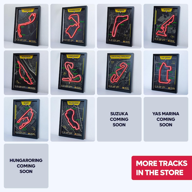 A collage of framed Formula 1 neon racetrack wall art displayed on a wall, featuring glowing red LED-style outlines of famous circuits including Monaco, Silverstone, Monza, Austin, Montreal, Zandvoort, Barcelona-Catalunya, Las Vegas, Miami, and Melbourne. Each poster has a black background with yellow and green track details, creating modern motorsport decor, with “more tracks coming soon” placeholders showing upcoming circuits.