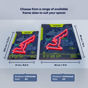 Size comparison image for the Austin Neon F1 Track Poster featuring the United States Grand Prix circuit and Charles Leclerc’s Ferrari fastest lap. Two unframed print options are displayed side by side: A4 (21 × 29.5 cm / 8.5 × 11.5 in) and A3 (30 × 40 cm / 12 × 16 in). The artwork showcases a glowing red 3D-style Austin racetrack over a detailed circuit map background, with dimensions clearly labeled to help choose the ideal print size.