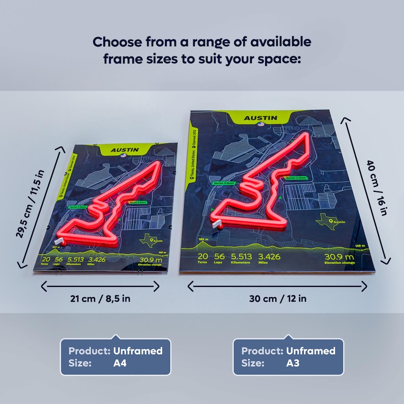 Size comparison image for the Austin Neon F1 Track Poster featuring the United States Grand Prix circuit and Charles Leclerc’s Ferrari fastest lap. Two unframed print options are displayed side by side: A4 (21 × 29.5 cm / 8.5 × 11.5 in) and A3 (30 × 40 cm / 12 × 16 in). The artwork showcases a glowing red 3D-style Austin racetrack over a detailed circuit map background, with dimensions clearly labeled to help choose the ideal print size.