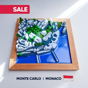 Mapa 3D de Mónaco: Montecarlo, Riviera Francesa, arte mural con marco de madera
