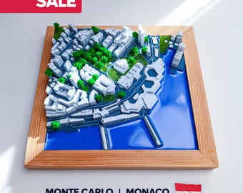 3D Monaco Stadt Karte: Monte Carlo französische Riviera mit Holzrahmen