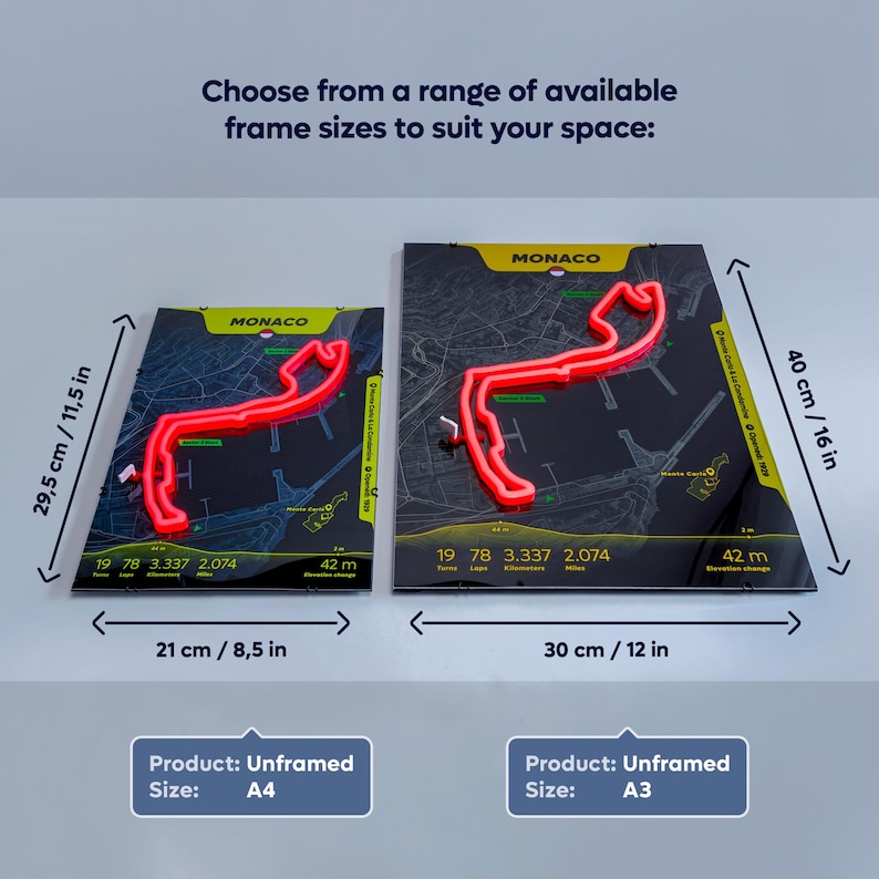 May include: Two rectangular wall art pieces featuring the Monaco Grand Prix circuit in red neon-style tubing on a black map background. The smaller A4 piece measures 11.5 inches by 8.5 inches, and the larger A3 piece measures 16 inches by 12 inches.