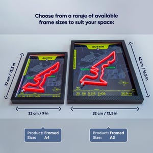Comparison image showing two framed Austin Neon F1 Track Posters inspired by the United States Grand Prix circuit. The photo displays available size options: A4 frame (23 × 32 cm / 9 × 12.5 in) and A3 frame (32 × 42 cm / 12.5 × 16.5 in). Each design features a glowing red LED-style Austin racetrack outline, circuit map background, and Charles Leclerc’s Ferrari fastest lap statistics, with dimensions clearly marked for size comparison.